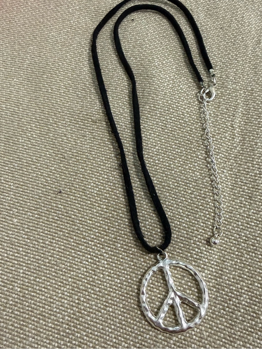 Silver Peace Sign Pendant Necklace on Black Cord